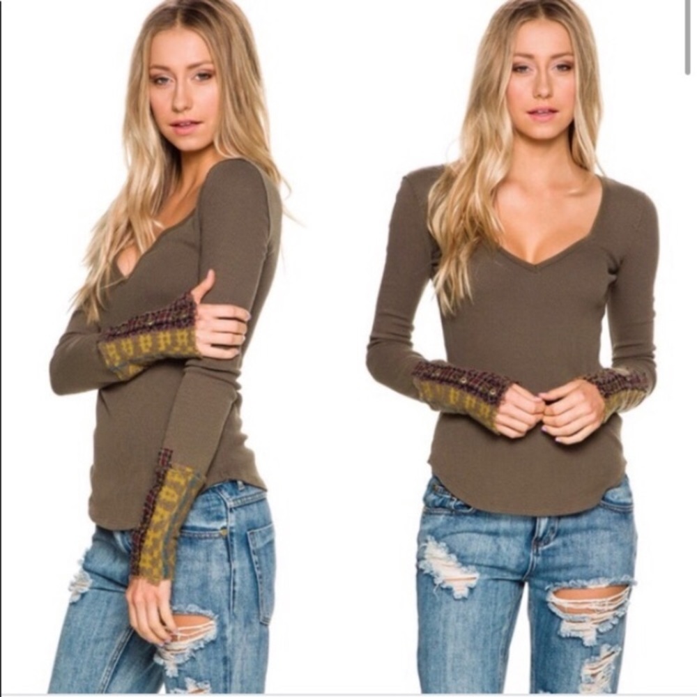 Free People Olive Long Sleeve Top Art School Cuff ✨